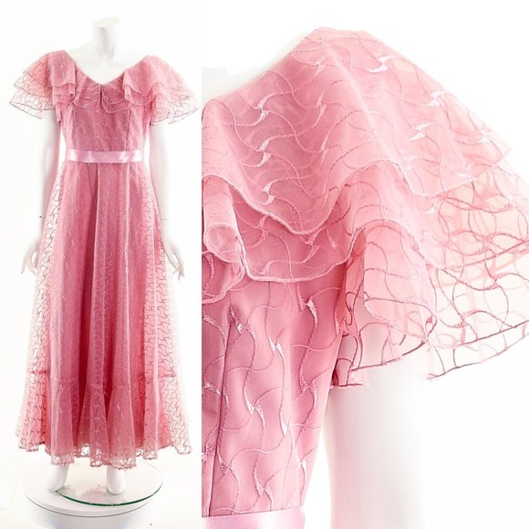 Raspberry Pink Sheer Ruffle Dress,Sheer Lace PInk Gown,60s Gone with the Wind St - Picture 1 of 10